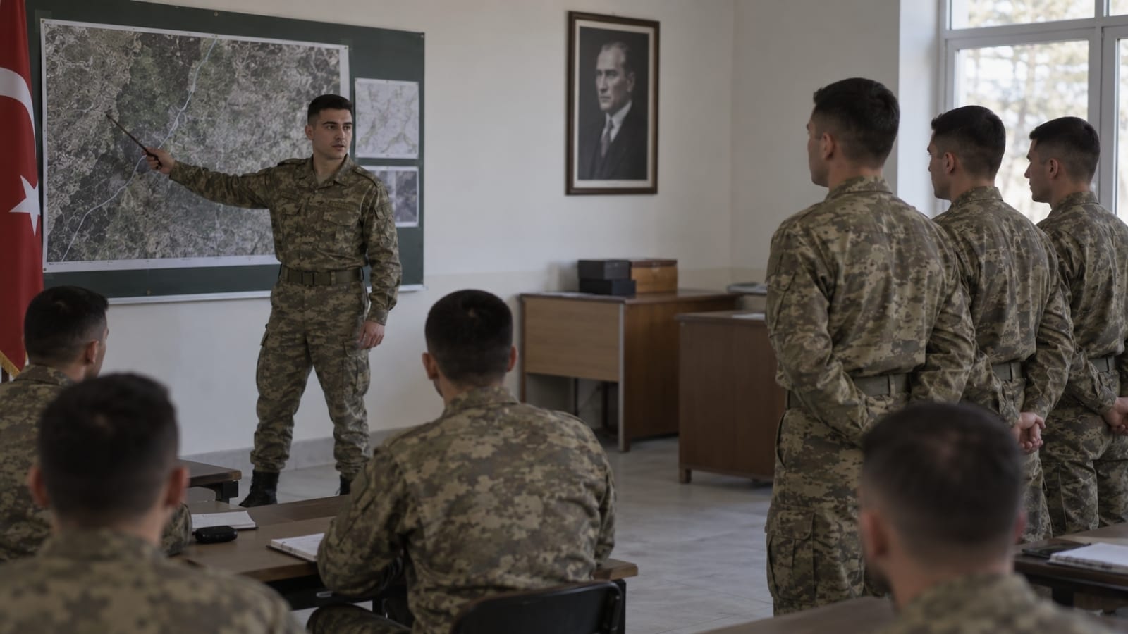 Sınıf ortamında harita üzerinden askerî eğitim anlatımı yapan Harp Okulu son sınıf öğrencisi ve eğitime katılan yedek subay adayları