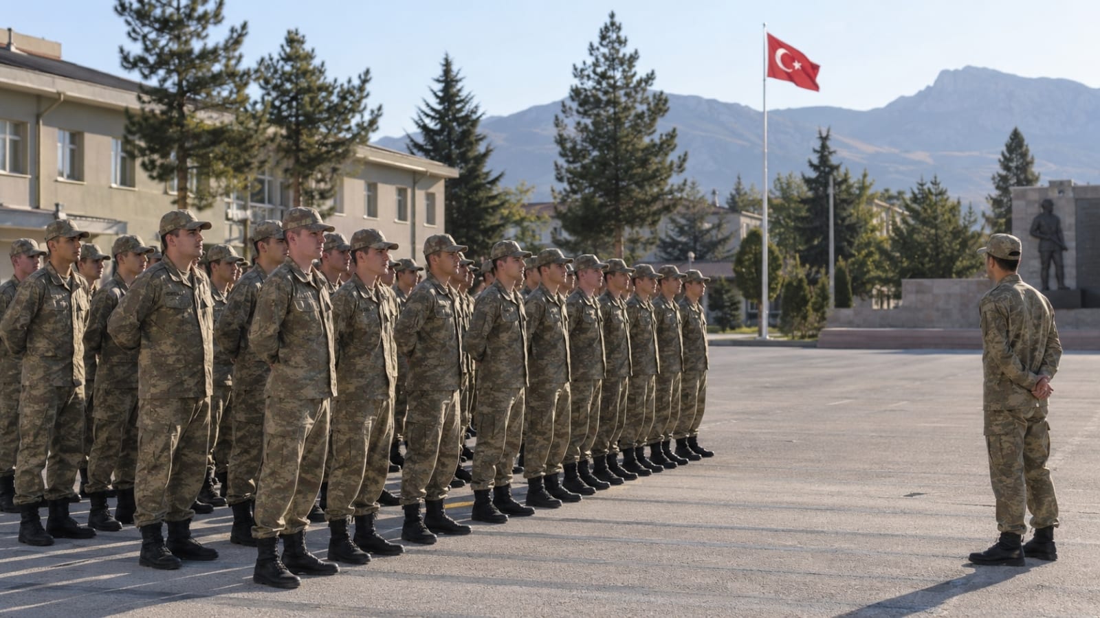 Sabah programı kapsamında kışla avlusunda düzenli saflar hâlinde içtimada bulunan rütbesiz askerlik yükümlüleri