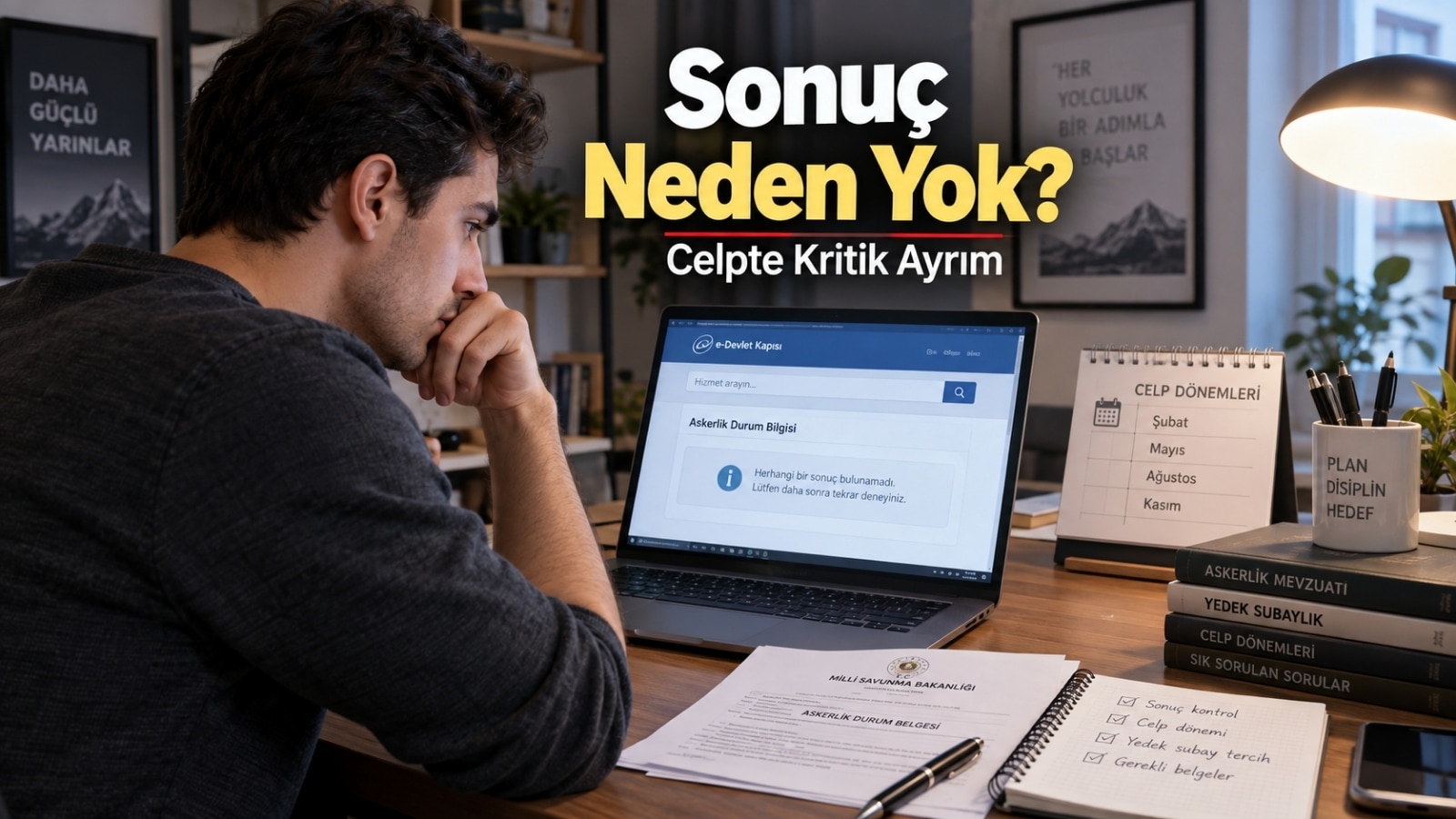 E-Devlet üzerinden askerlik sınıflandırma sonucunu ve celp dönemini kontrol eden askerlik yükümlüsünü gösteren gerçekçi editoryal görsel
