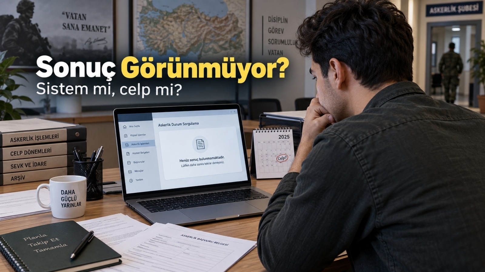 E-Devlet askerlik sınıflandırma sonucunu kontrol ederek teknik sorun ile sonraki celp ihtimalini araştıran askerlik yükümlüsünü gösteren gerçekçi editoryal görsel