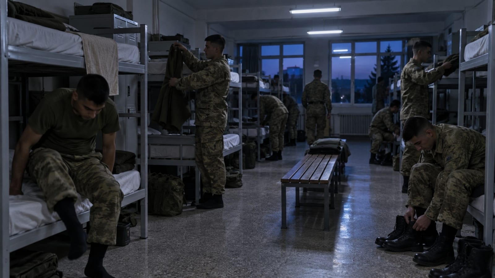 Sabahın erken saatlerinde koğuşta üniformasını giyip botlarını hazırlayan rütbesiz askerlik yükümlüleri