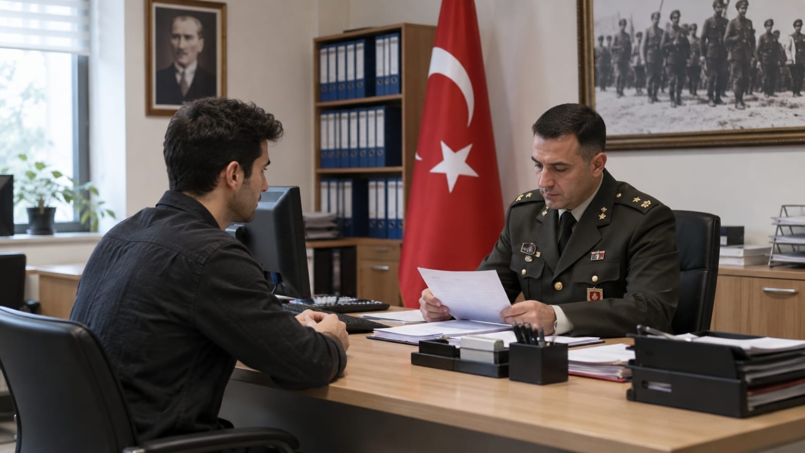 Askerlik şubesinde mezuniyet ve erteleme işlemlerine ilişkin evraklarını görevli personelle kontrol eden genç mezun