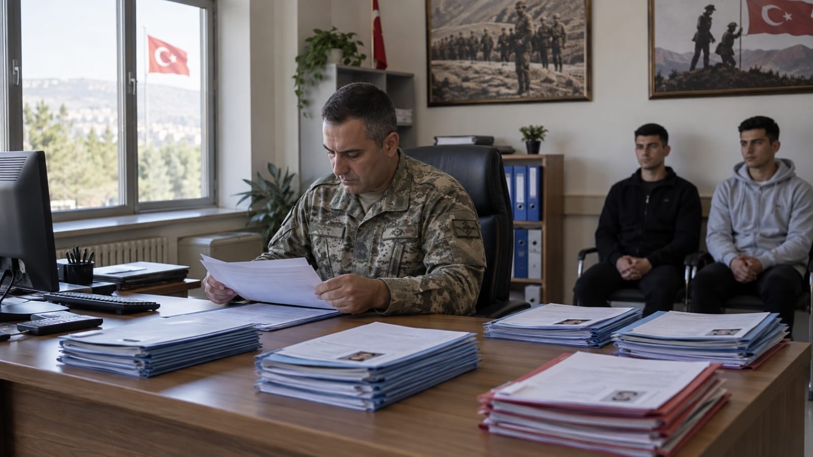 Yedek subay ve yedek astsubay adaylarına ait başvuru dosyalarının askerî personel tarafından değerlendirilmesini temsil eden idari çalışma ortamı