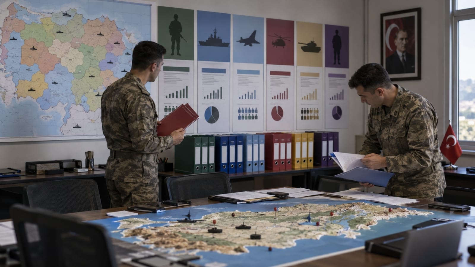 Personel ihtiyacının farklı sınıf ve branşlara göre planlanmasını temsil eden harita ve istatistiklerin incelendiği askerî planlama ortamı