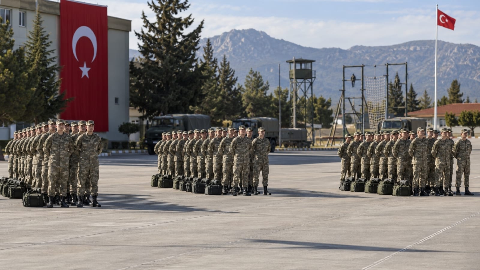 Eğitim birliğinde farklı gruplar hâlinde düzenli şekilde bekleyen rütbesiz askerlik yükümlüleri