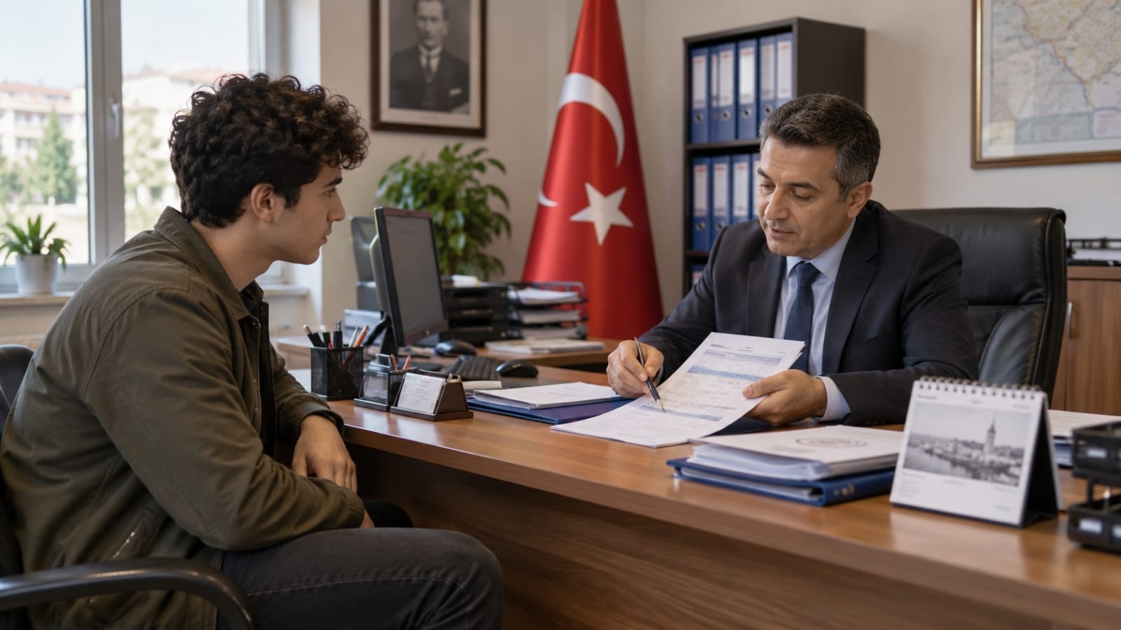 Askerlik şubesinde görevli personelle sınıflandırma ve sevk takvimine ilişkin resmî bilgileri kontrol eden genç yükümlü