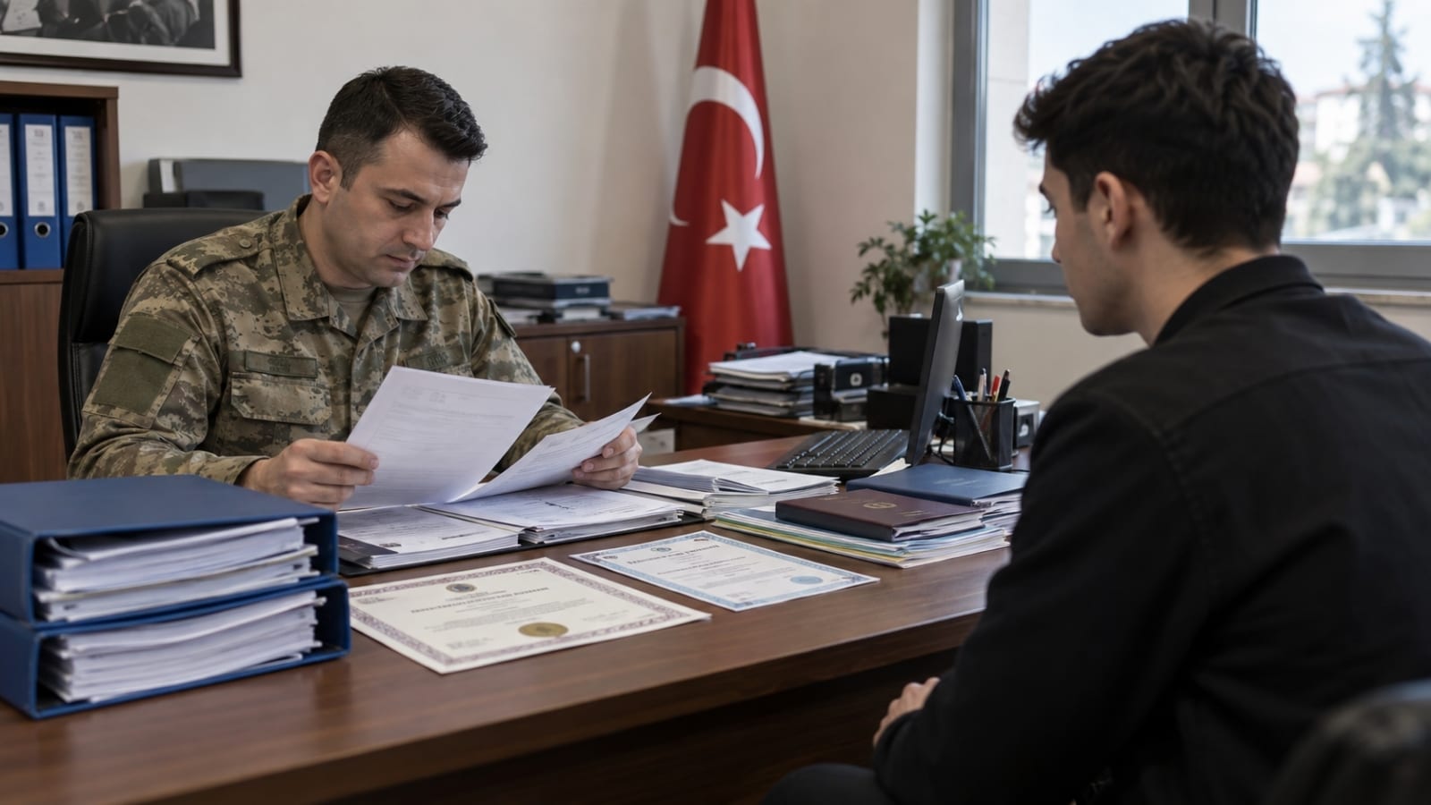 Üniversite mezuniyet belgeleri ve askerlik başvuru evraklarının sınıflandırma kriterleri kapsamında incelenmesini temsil eden değerlendirme sahnesi