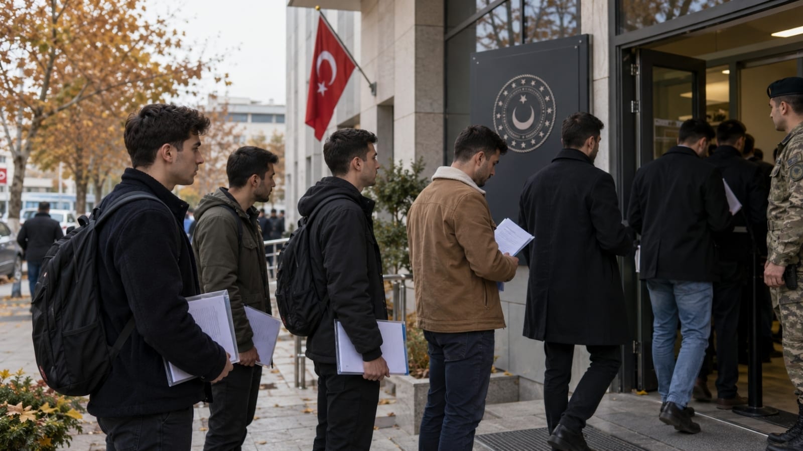 Kasım döneminde askerlik işlemlerini tamamlamak üzere başvuru noktasında sıra bekleyen üniversite mezunu yükümlüler