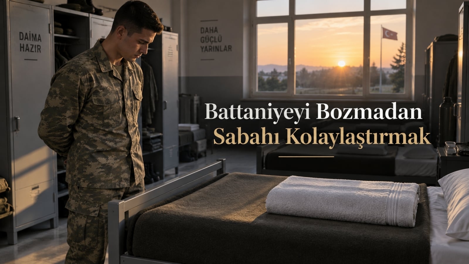 Koğuşta yatağının battaniye düzenini koruyarak sabah hazırlığını kolaylaştırmaya çalışan rütbesiz yedek subay adayı