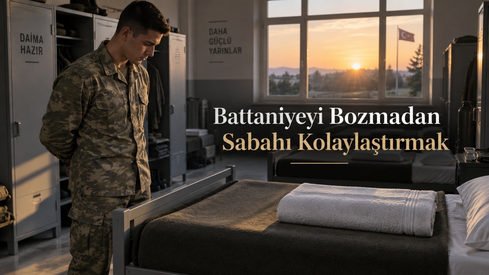 Koğuşta yatağının battaniye düzenini koruyarak sabah hazırlığını kolaylaştırmaya çalışan rütbesiz yedek subay adayı