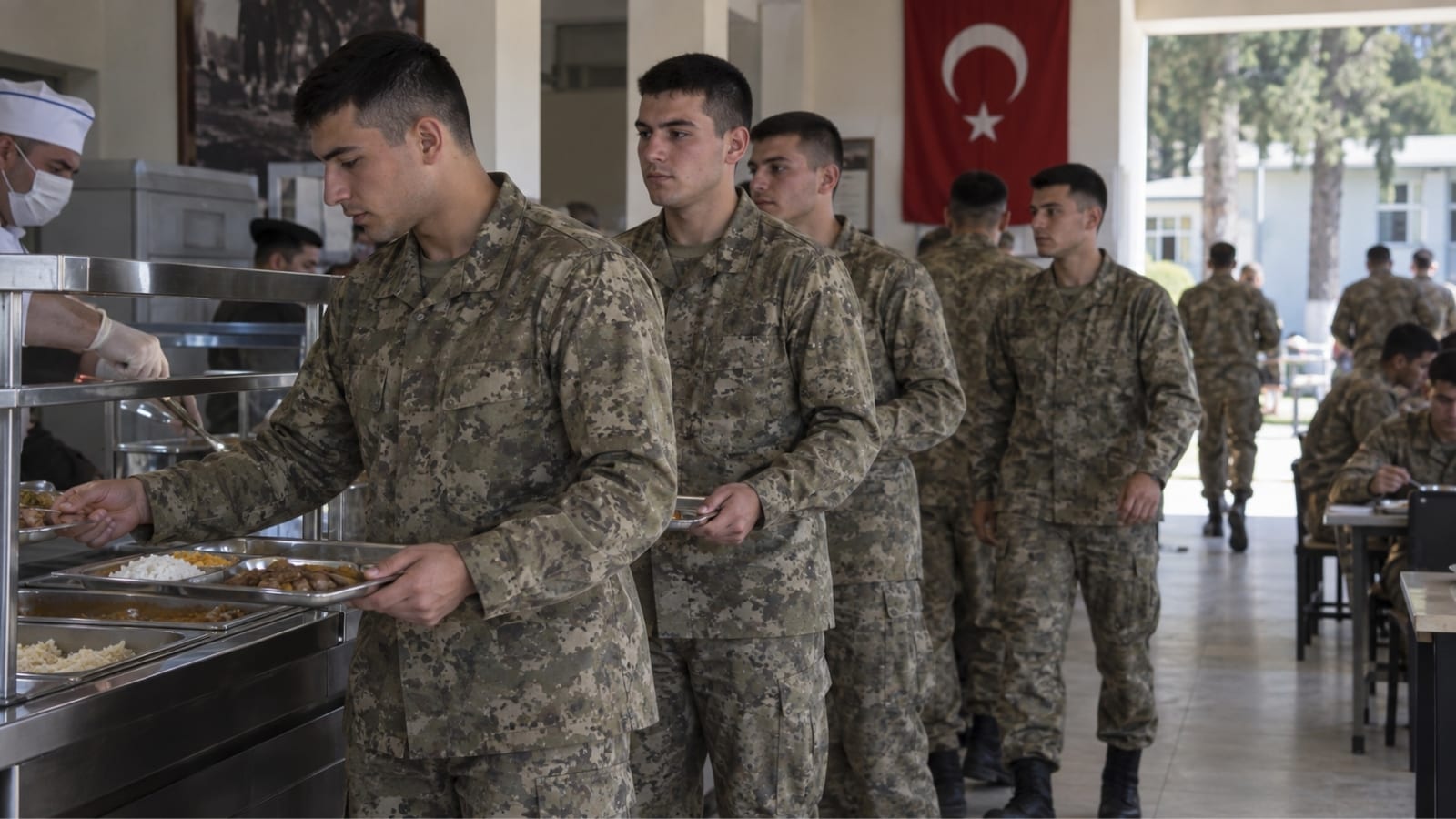Birlik yemekhanesinde kamuflajlarıyla sıraya girerek günlük programa devam eden rütbesiz yedek subay adayları