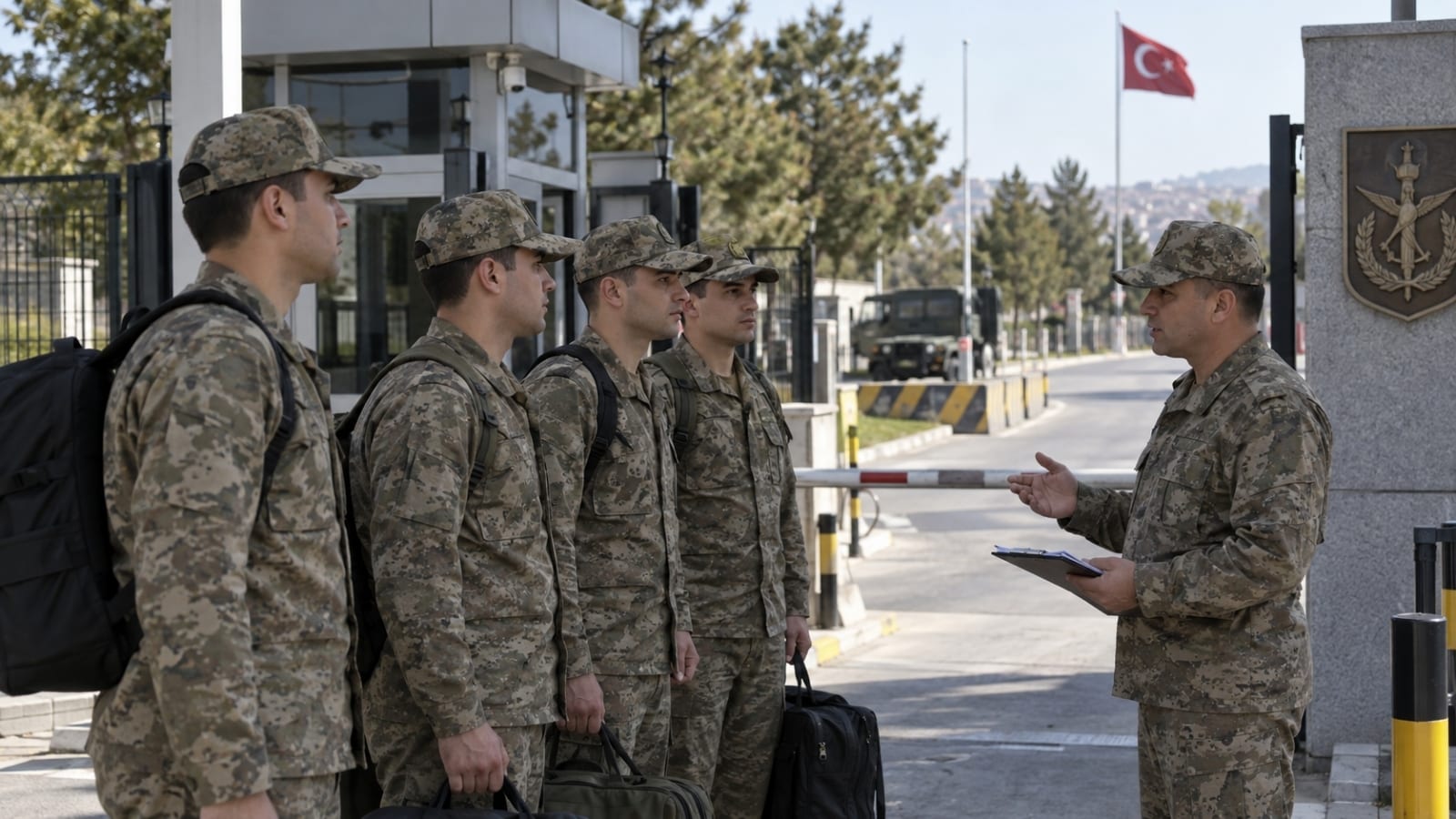 Hafta sonu askerî faaliyet için kamuflajlarıyla içtimada görevli personelin talimatlarını dinleyen rütbesiz yedek subay adayları