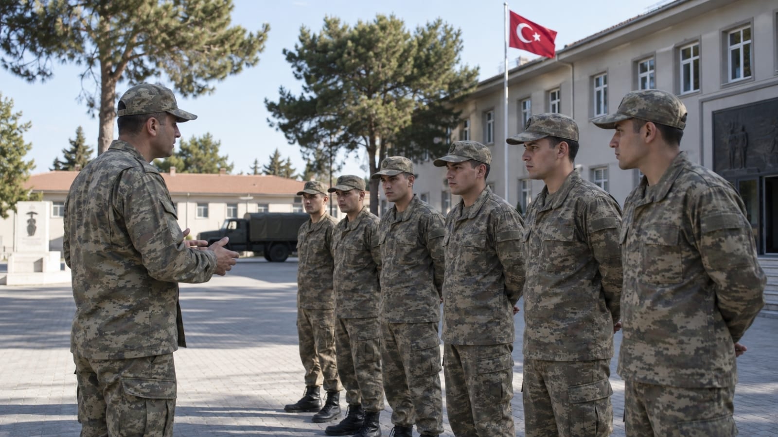 Türk askerî birliğinde sabah içtiması için düzenli şekilde toplanmış askerler, günlük düzenin başlangıcını yansıtıyor.