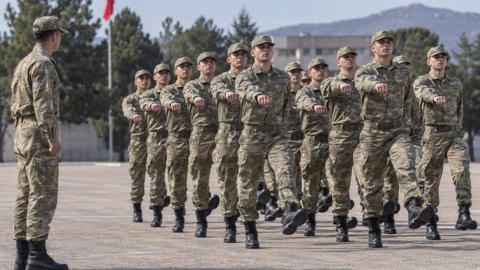 Eğitim sahasında aynı ritim ve düzen içerisinde yanaşık düzen yürüyüşü yapan rütbesiz yedek subay adayları