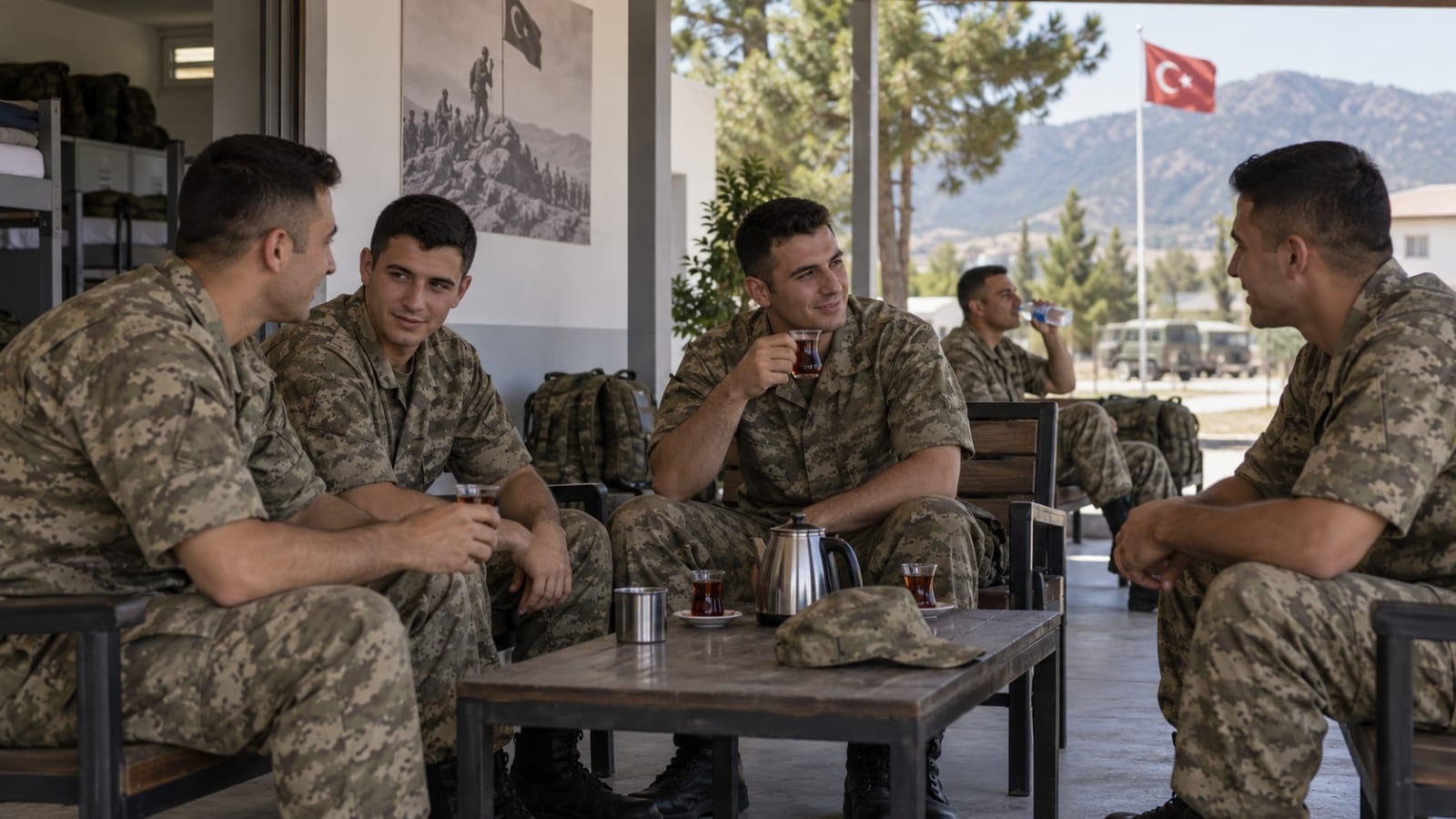 Kışlada çay molası veren askerler, hafta sonundaki dinlenme ve arkadaşlık havasını yansıtan sakin bir an paylaşıyor.