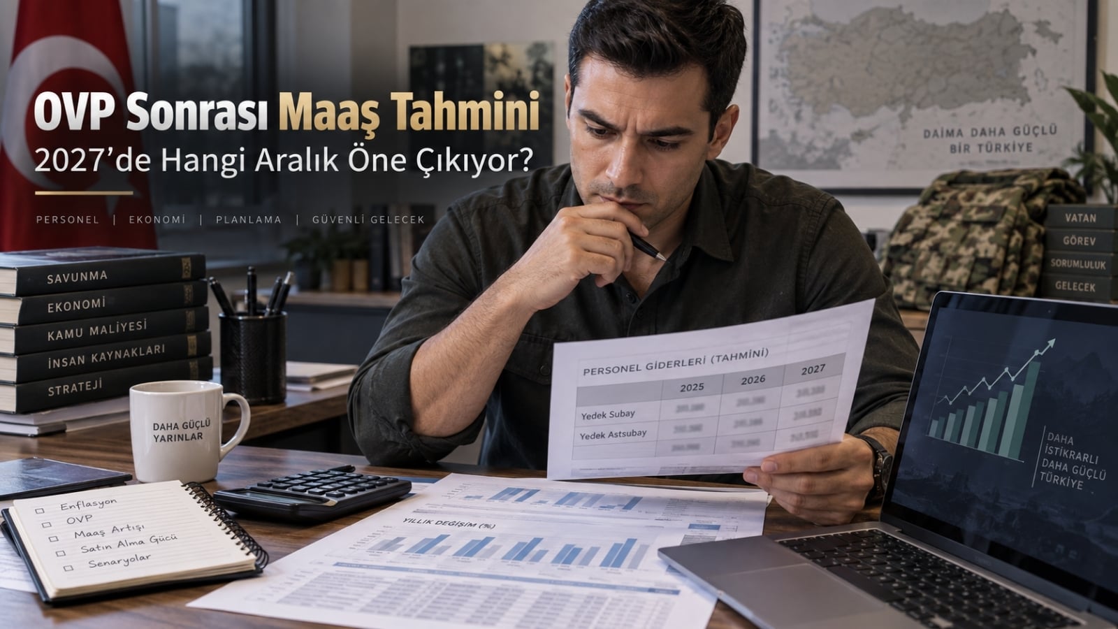 2027 yedek subay ve yedek astsubay maaş tahminlerini OVP enflasyon verileri ve memur maaş artışı üzerinden inceleyen editoryal görsel