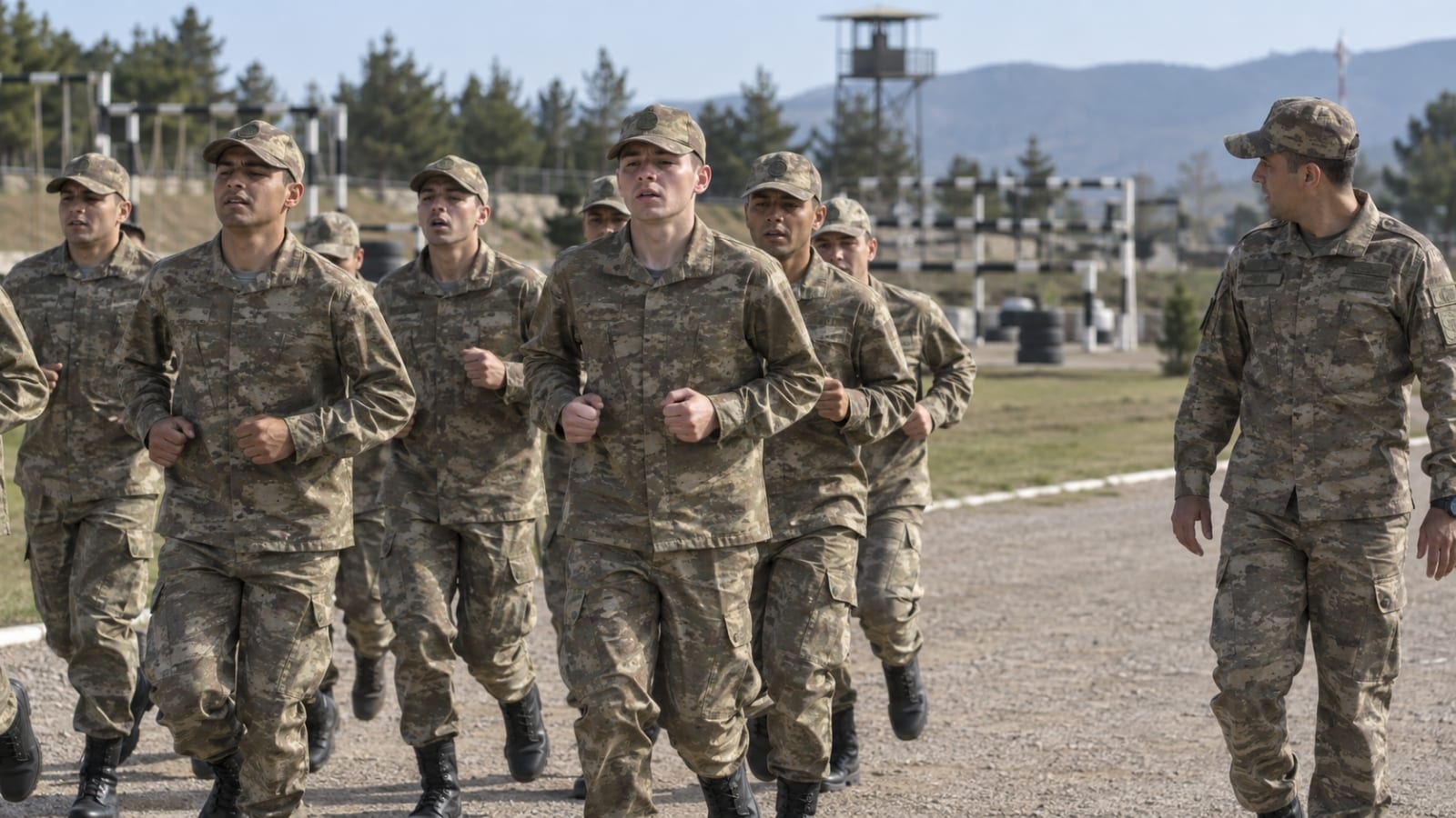 Eğitim sahasında toplu koşu çalışması yapan rütbesiz yedek subay adayları ve faaliyeti takip eden görevli personel