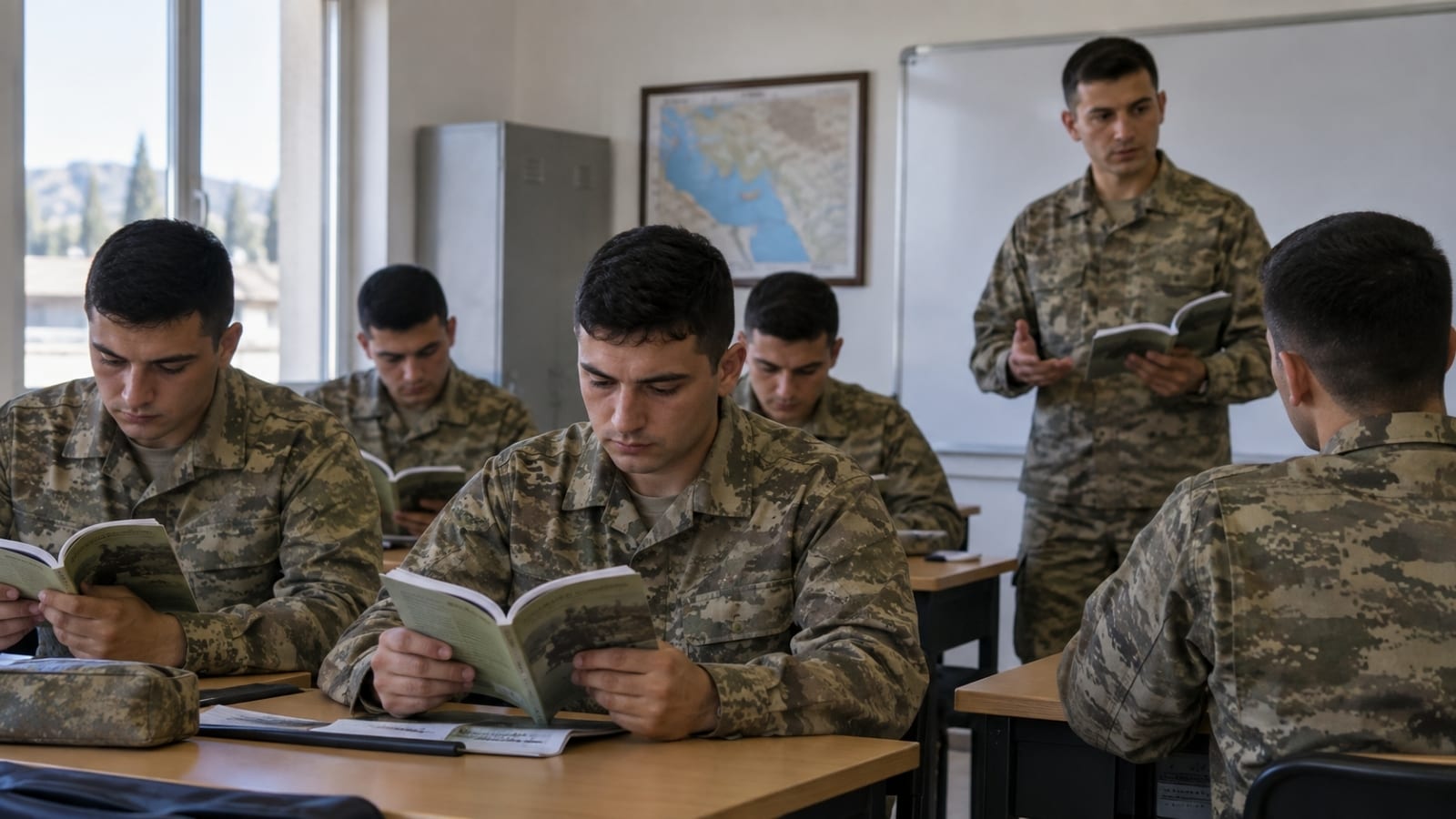 Sınıf ortamında kendilerine verilen eğitim kitapçıklarını inceleyerek temel askerî konuları takip eden rütbesiz yedek subay adayları