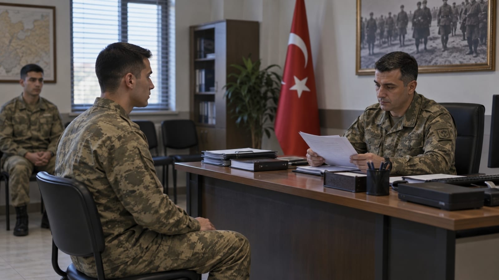 Askerî idari ortamda bir adayla bireysel olarak görüşerek evrak inceleyen görevli personel