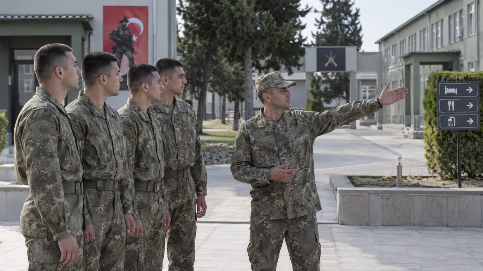 Birliğe yeni katılan rütbesiz yedek subay adaylarına kışladaki temel kullanım alanlarını göstererek yönlendirme yapan görevli personel