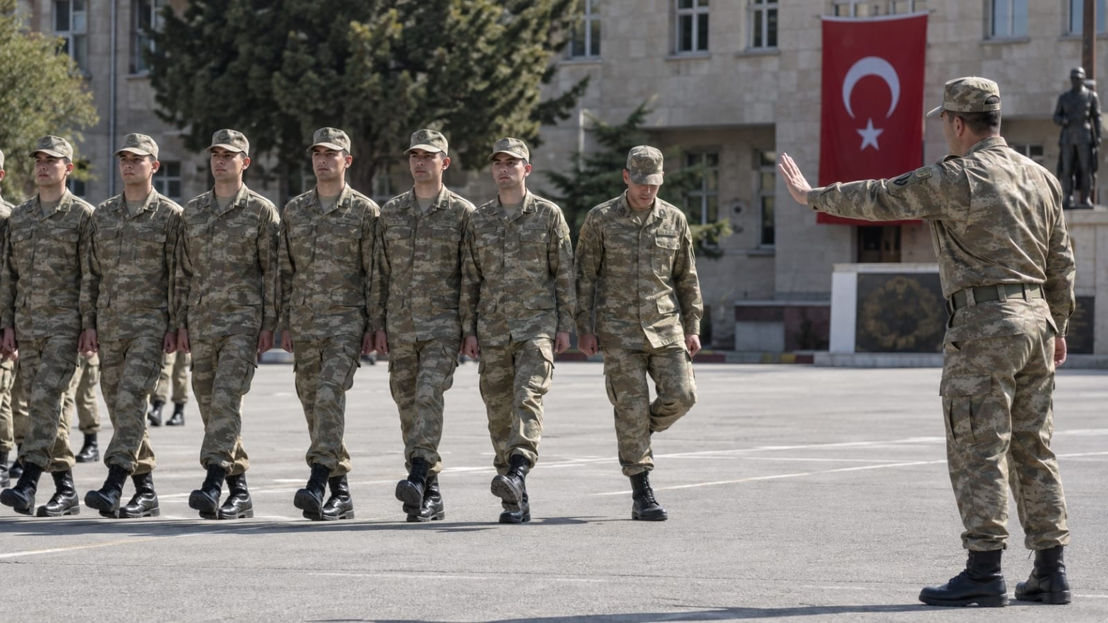 Askerî eğitim alanında aynı düzen içerisinde yürüyüş çalışması yapan rütbesiz yedek subay adayları ve grubu yönlendiren görevli personel