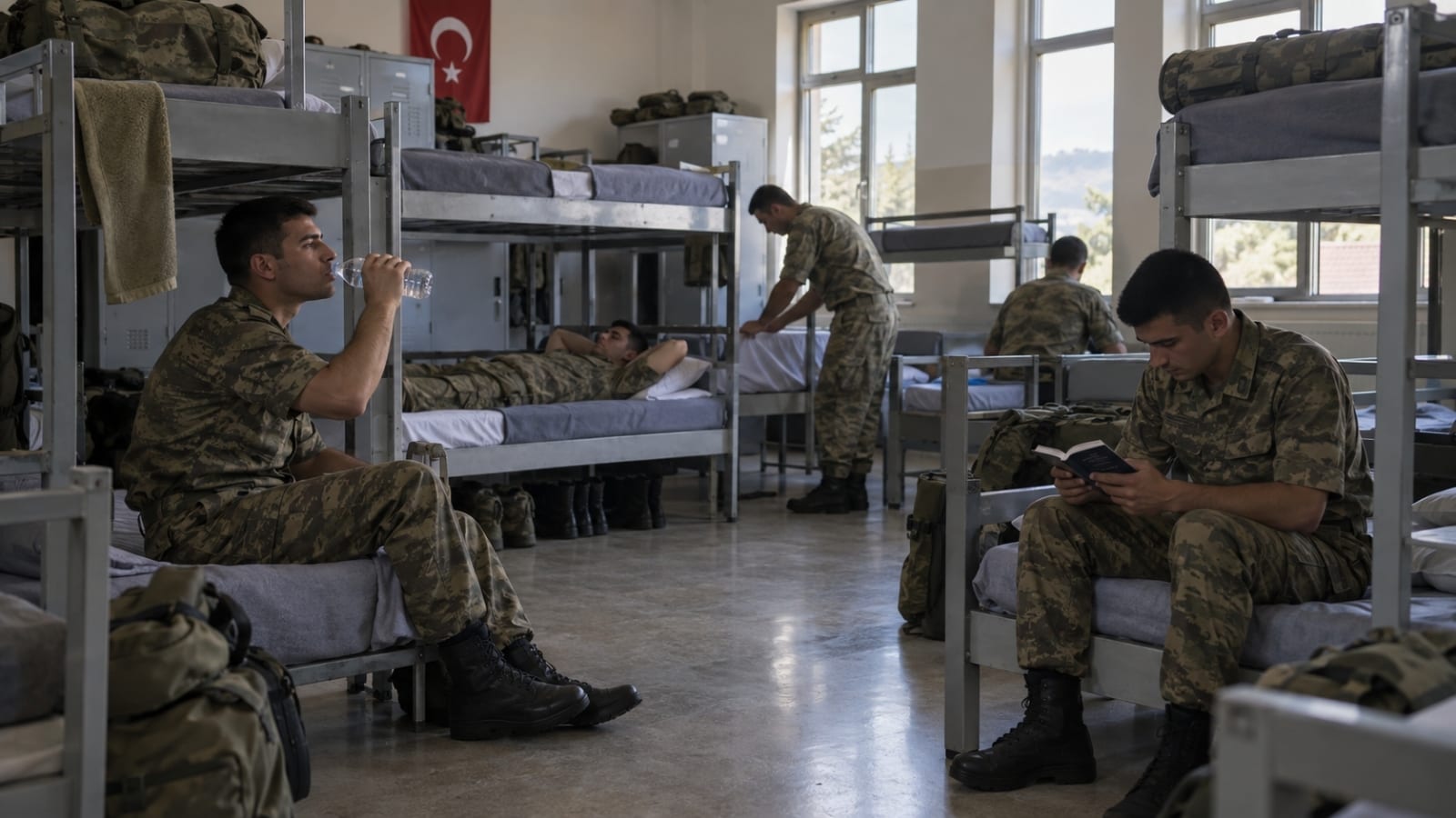Gün ışığında asker koğuşunda yatakların arasında dinlenen bir asker, hafta sonunun sakinliğini yansıtan bir ortamda görülüyor.