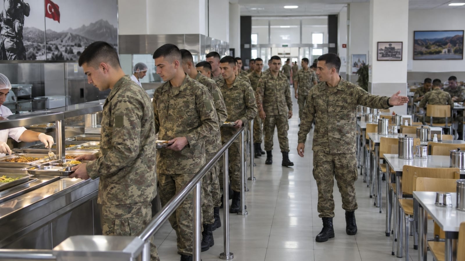 Askerî yemekhanede yemek sırasını ve ortak alan kullanım düzenini öğrenen rütbesiz yedek subay adayları
