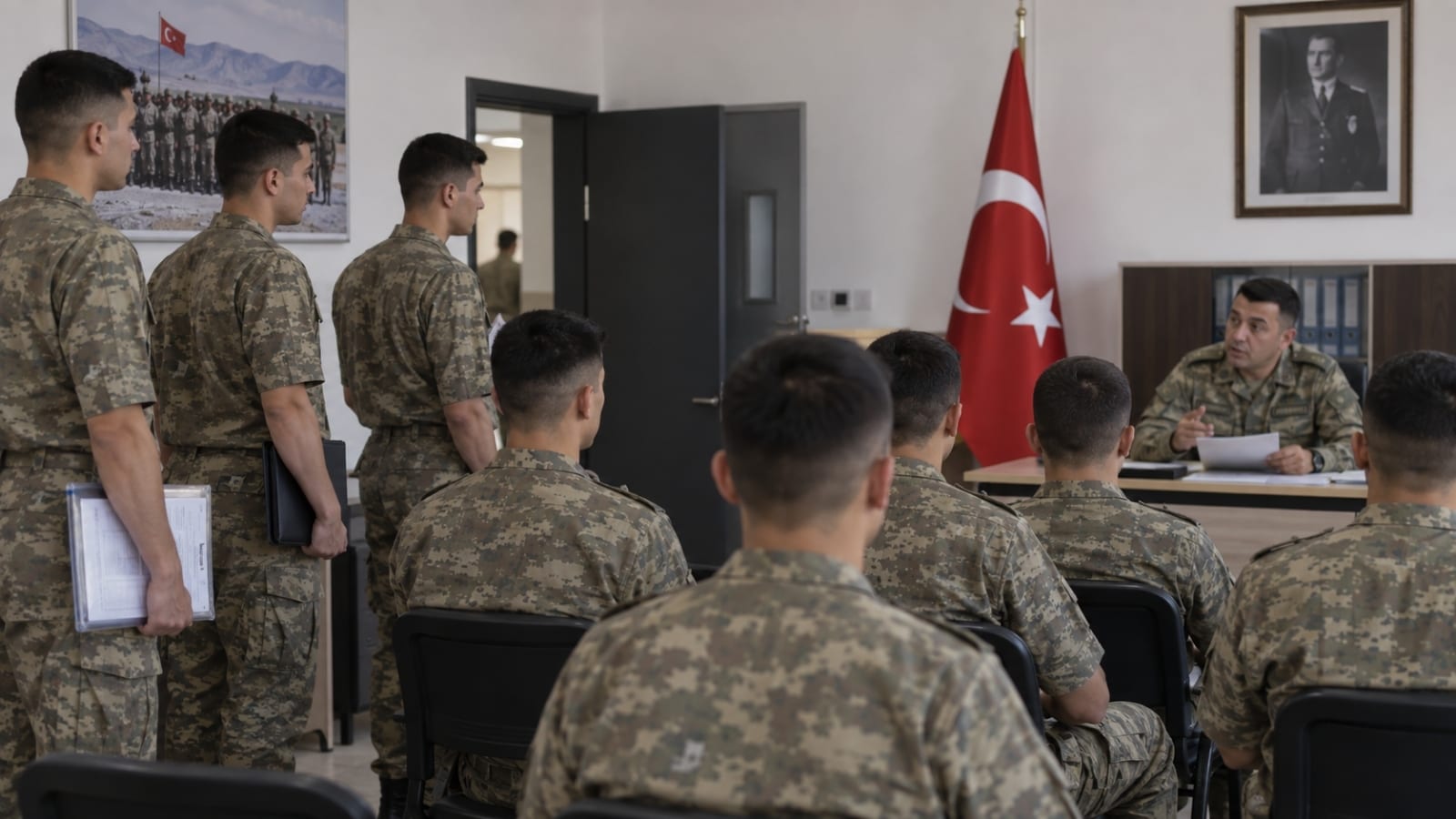 İlk gün bilgilendirmesi kapsamında görevli personeli dinleyerek birlik düzeni ve günlük program hakkında bilgi alan rütbesiz yedek subay adayları