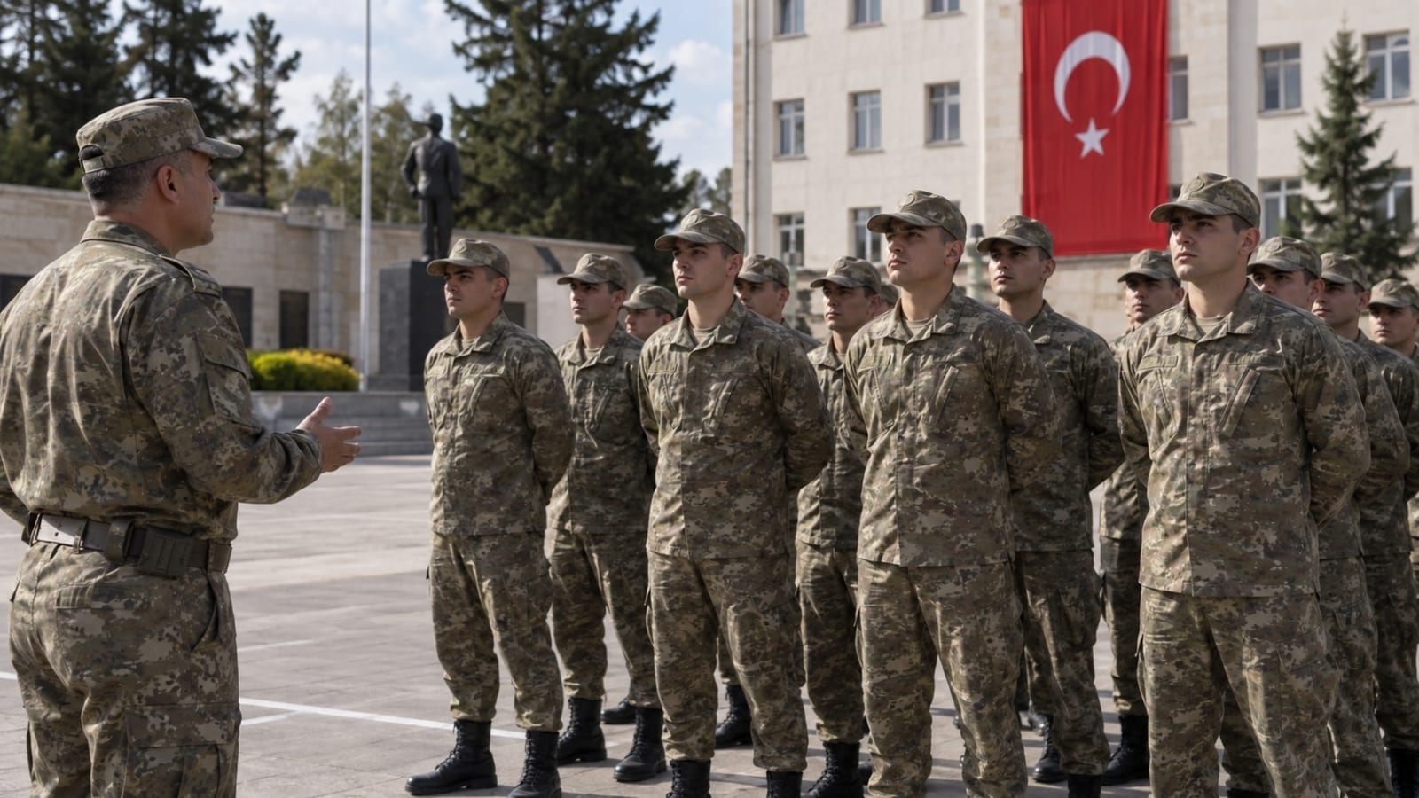 Birlik çıkış noktasında dışarı çıkış öncesi kıyafet ve hareket düzenine ilişkin görevli personelden talimat alan rütbesiz yedek subay adayları