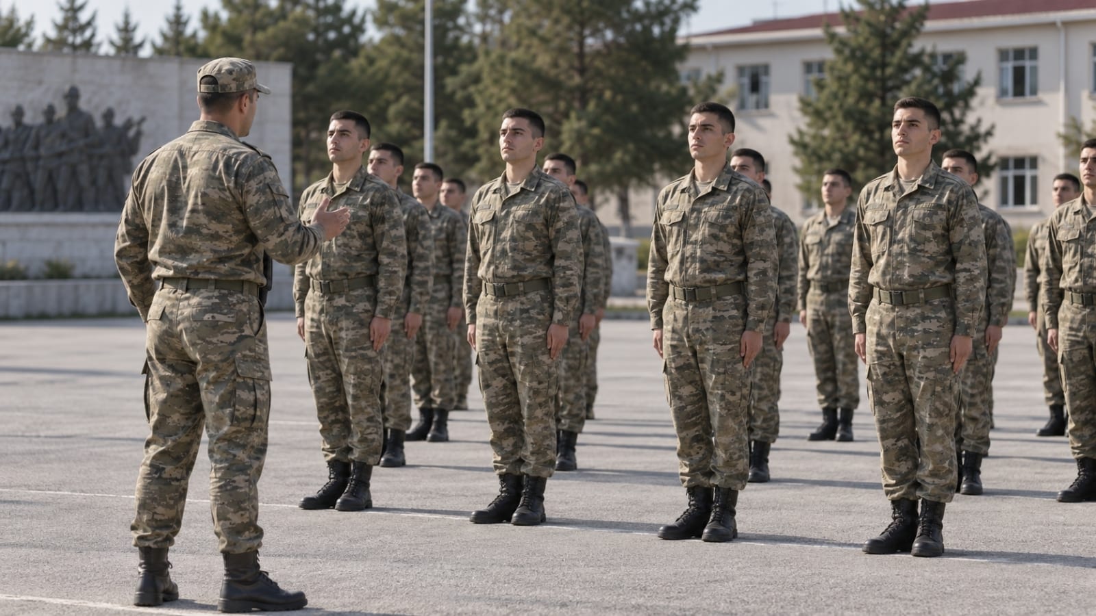 Askerî eğitim alanında esas duruş pozisyonunu uygularken görevli eğitici personelin yönlendirmesini dinleyen rütbesiz yedek subay adayları