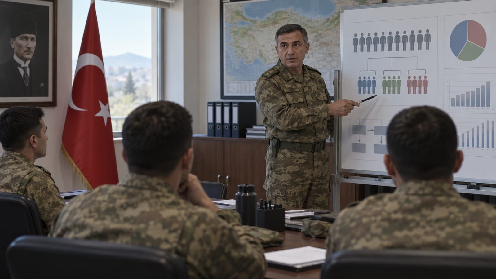 Askerî değerlendirme ortamında belge ve notlar üzerinden celp dönemlerini inceleyen personelin yer aldığı sahne.