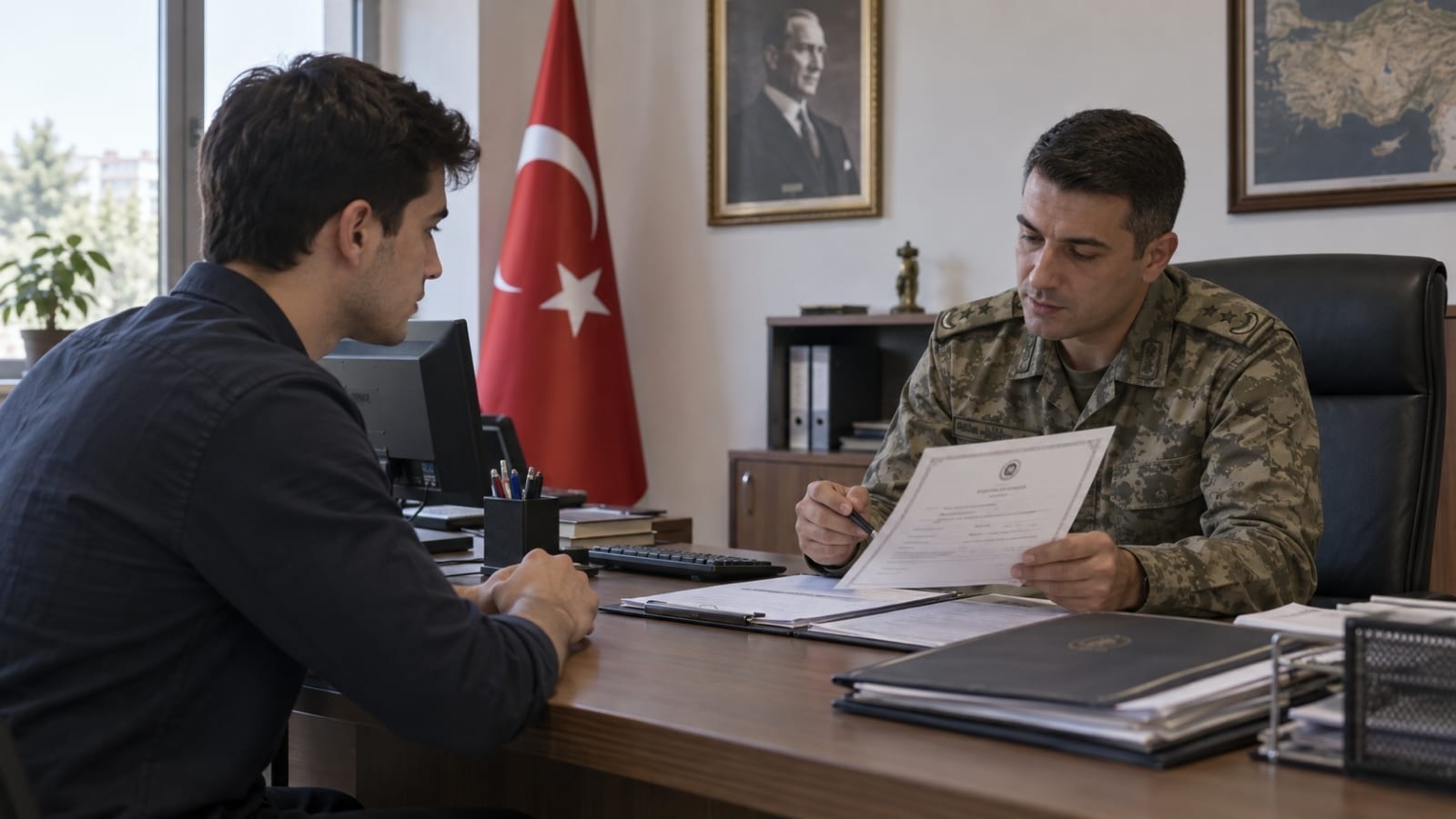 Askerlik şubesinde mezuniyet ve askerlik başvuru evraklarını görevli askerî personelle birlikte inceleyen üniversite mezunu yükümlü