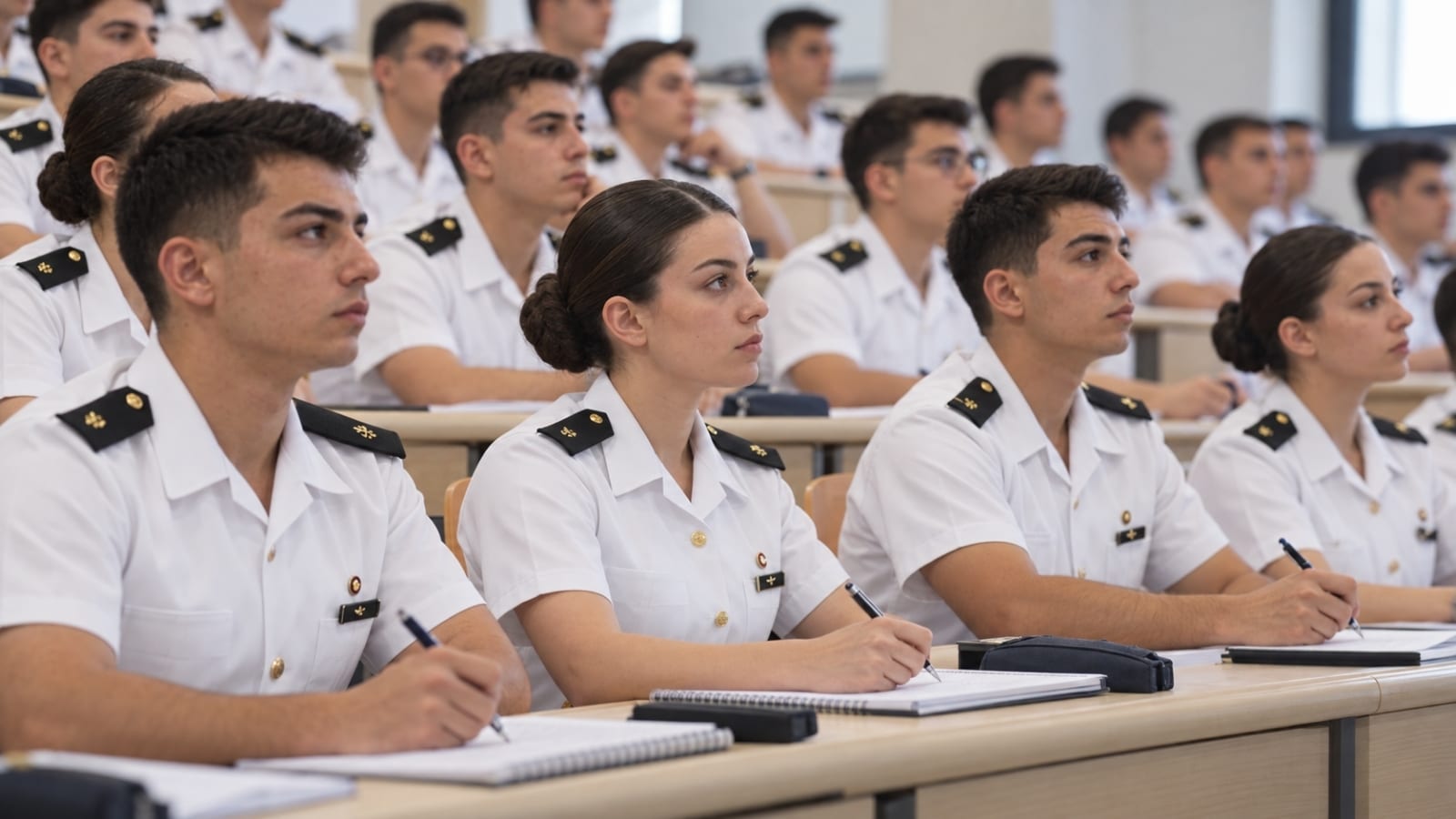 MSÜ Deniz Harp Okulu öğrencileri akademik ders sırasında amfide not alırken