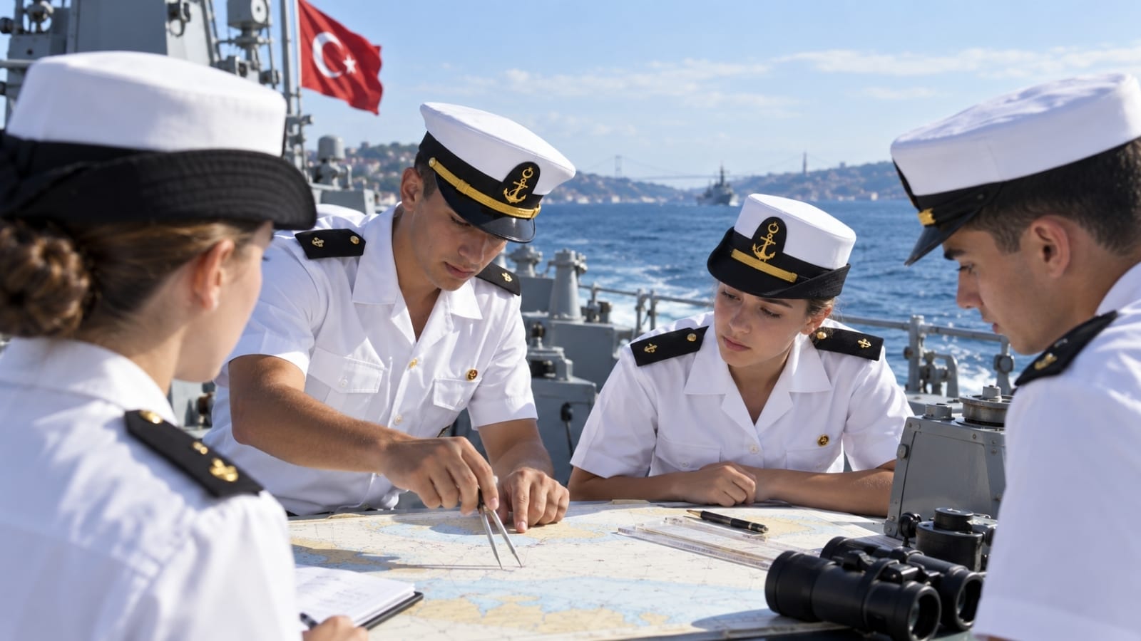Deniz Harp Okulu öğrencileri askerî gemide seyir haritası üzerinde açık deniz ve seyrüsefer eğitimi yaparken