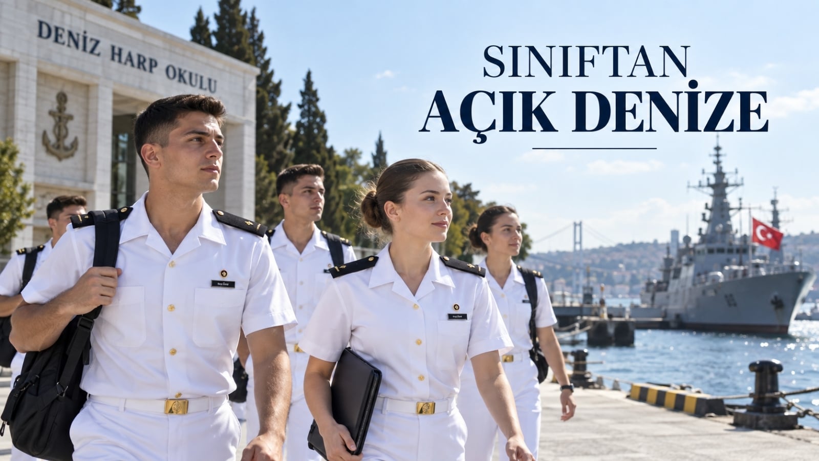 Deniz Harp Okulunda akademik ve askerî eğitim alan kadın ve erkek Harbiyeliler ile uygulamalı denizcilik eğitimini gösteren sahne