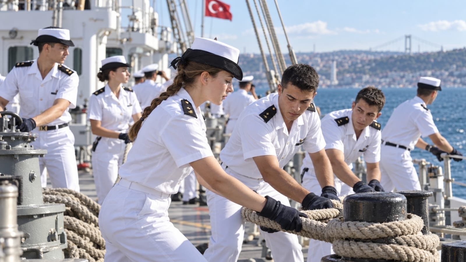 Deniz Harp Okulu öğrencileri askerî gemi güvertesinde halat ve güverte çalışması yaparak uygulamalı denizcilik eğitimi alıyor