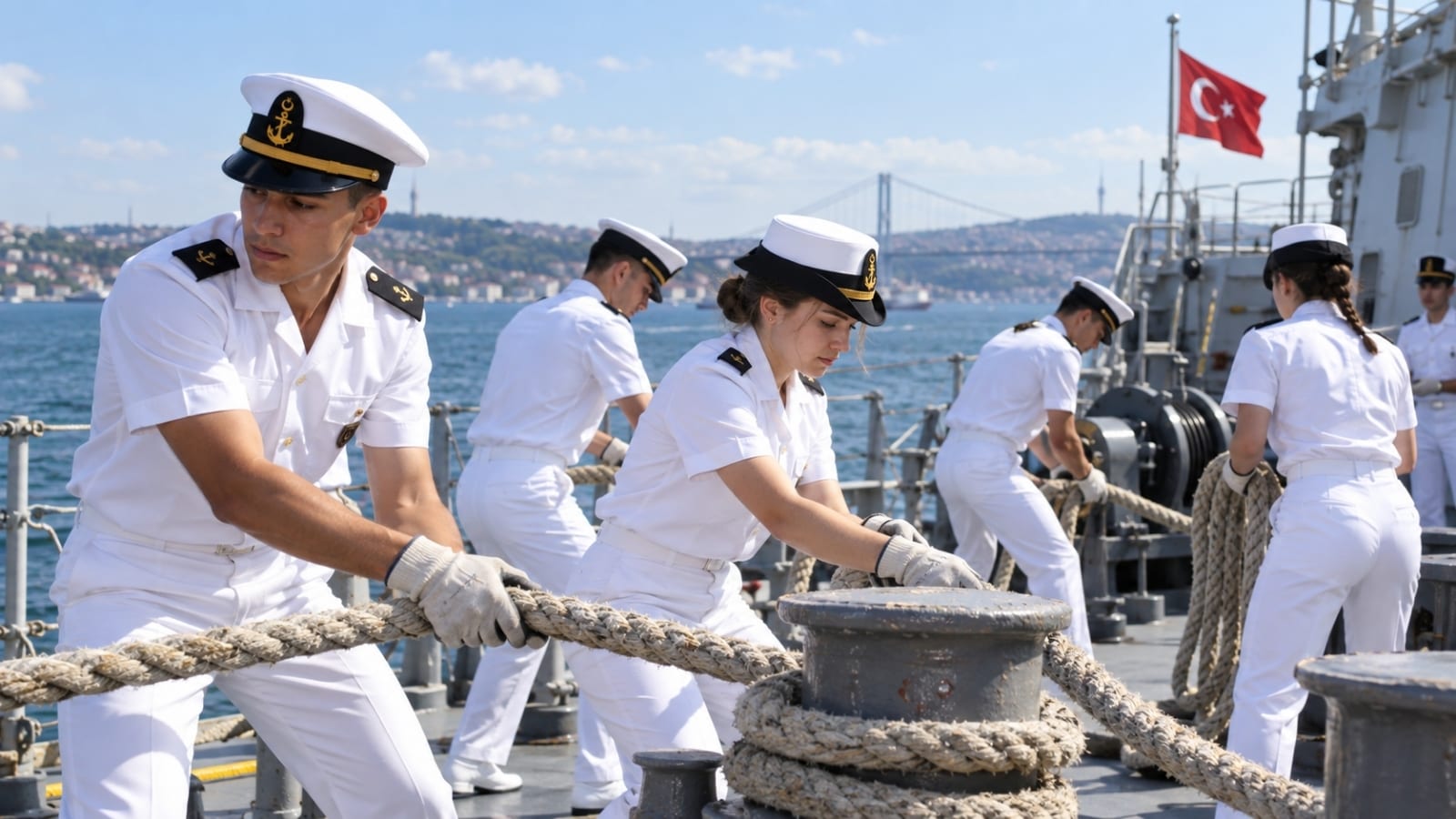Deniz Harp Okulu öğrencileri askerî gemi güvertesinde halat ve güverte çalışmasıyla uygulamalı denizcilik eğitimi yaparken