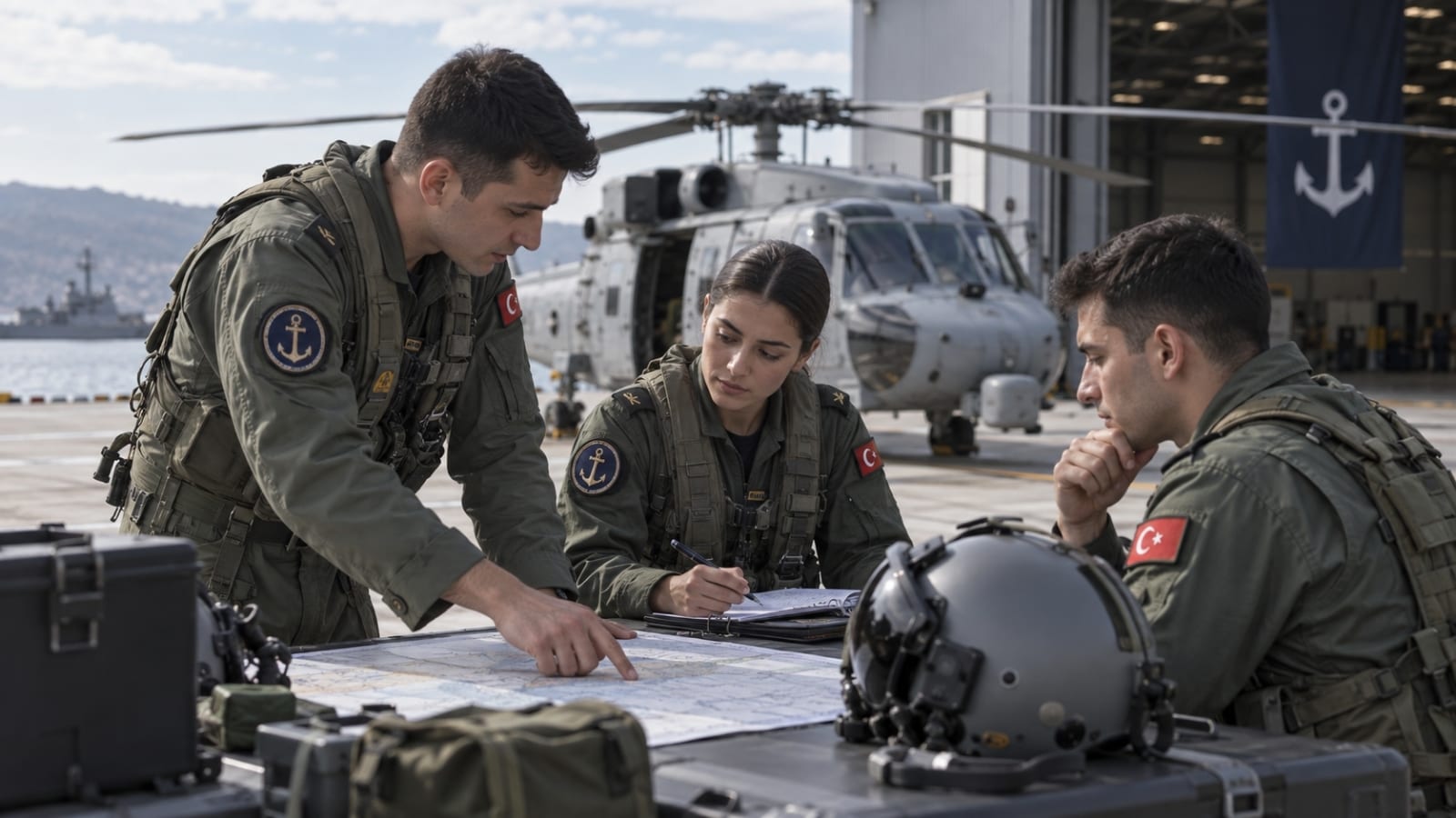 Deniz Kuvvetleri havacılığında görev yapan deniz subayları helikopter önünde uçuş planı ve görev brifingi yaparken
