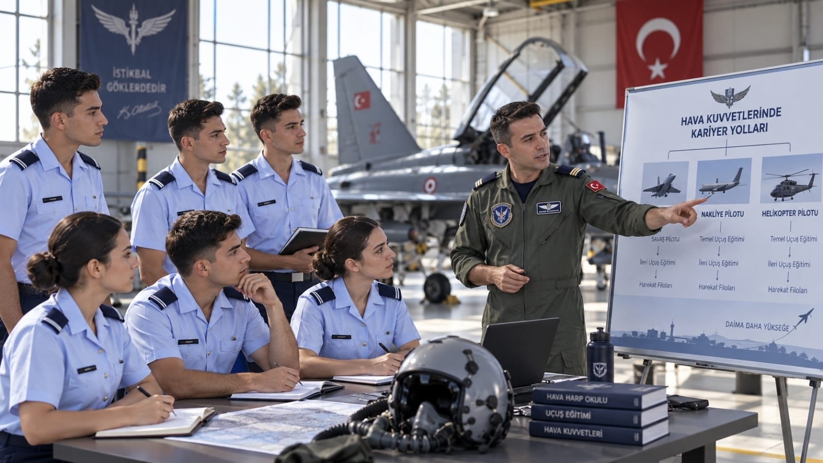 Hangar ortamında uçuş ve kariyer yollarına ilişkin brifingi dinleyen Hava Harp Okulu Harbiyelileri; arka planda eğitim uçağı ve uçuş ekipmanları