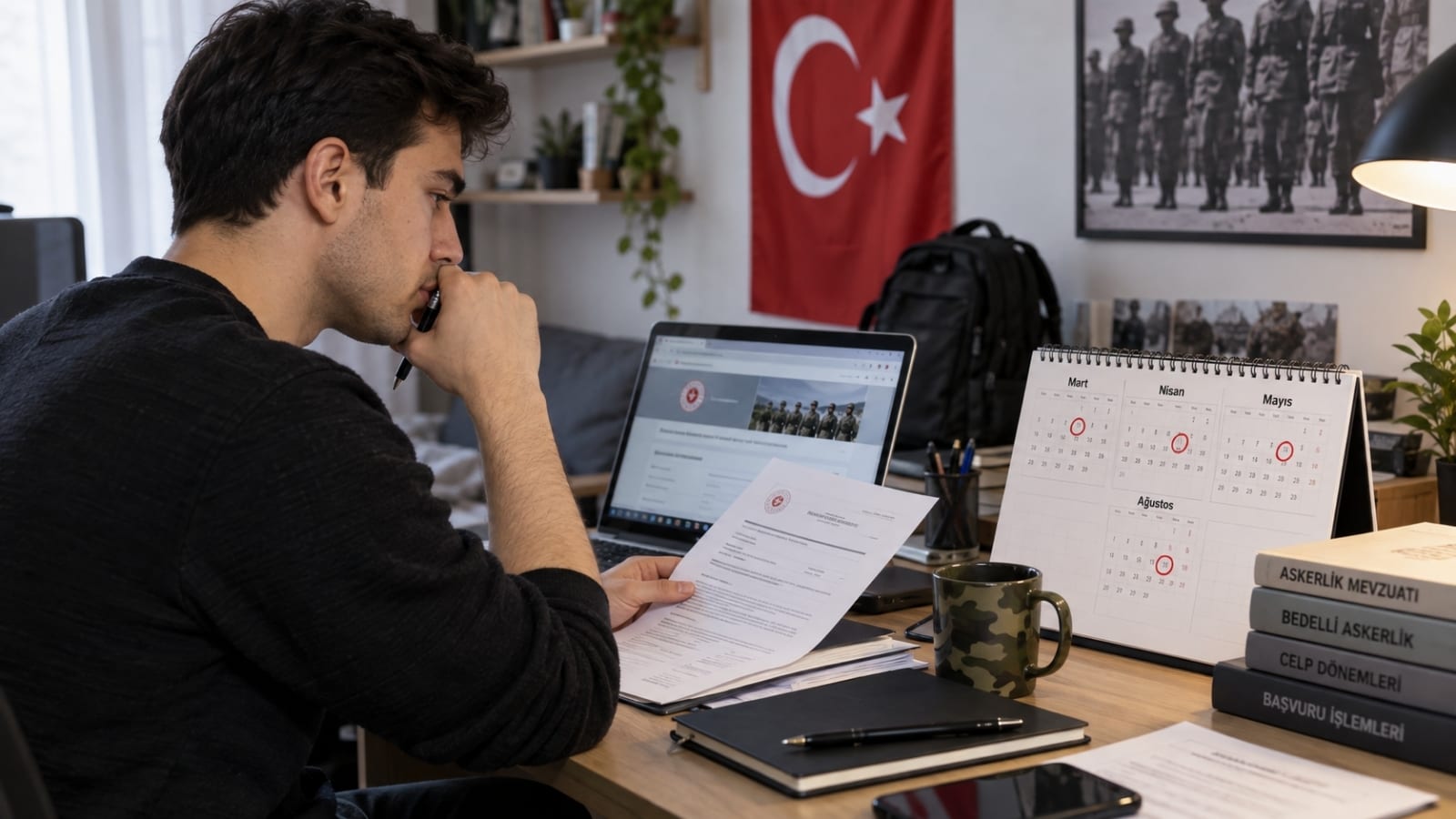 Masa üzerinde takvim ve notlarla askerlik başvuru tarihlerini planlayan bir aday