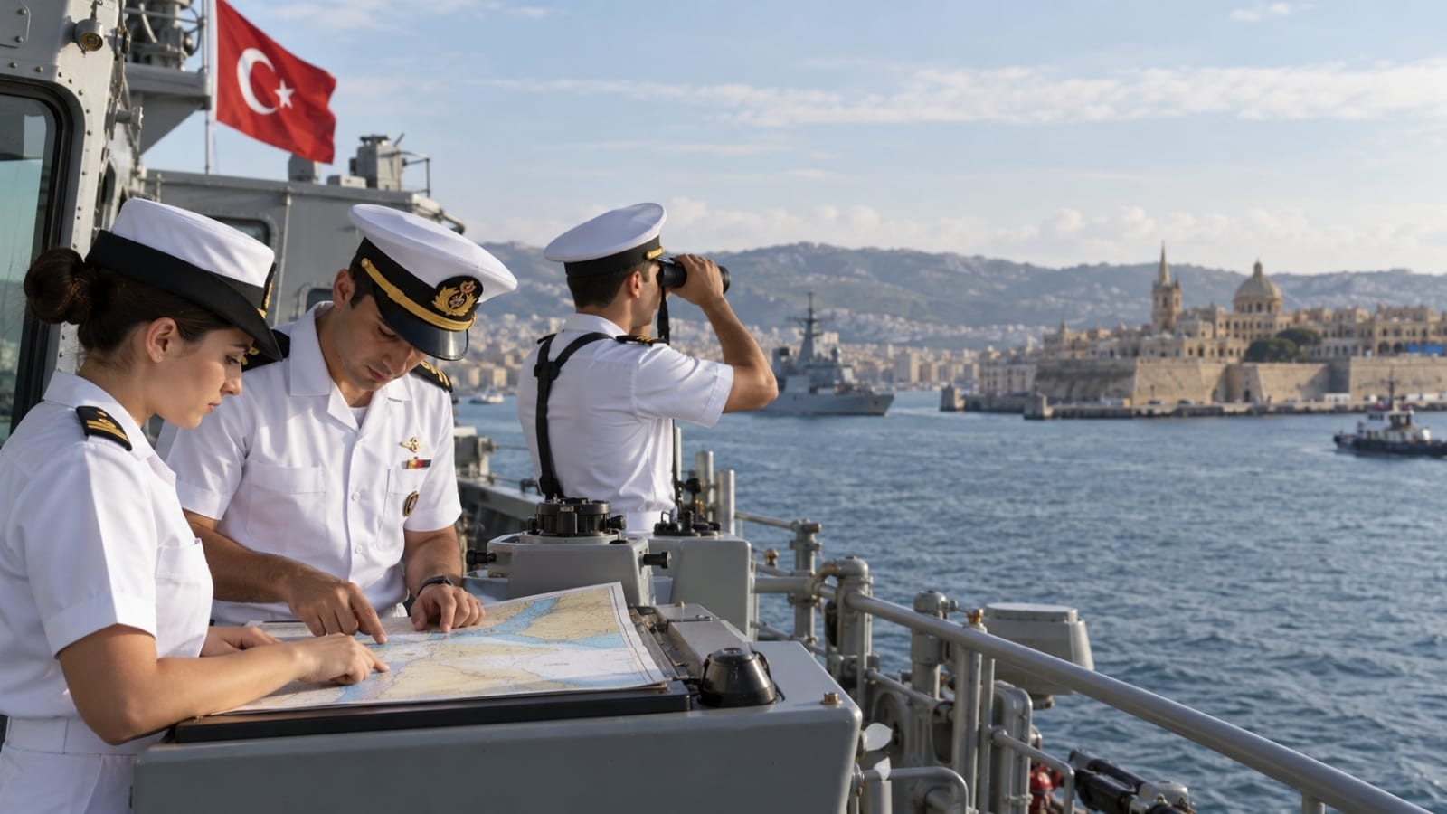 Türk deniz subayları askerî gemide seyir haritası ve dürbünle yabancı liman yaklaşmasını takip ederken