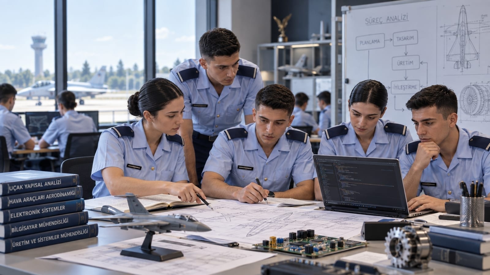 Hava Harp Okulunda uçak çizimleri, model hava aracı, bilgisayar ve teknik materyaller eşliğinde birlikte çalışan kadın ve erkek Harbiyeliler