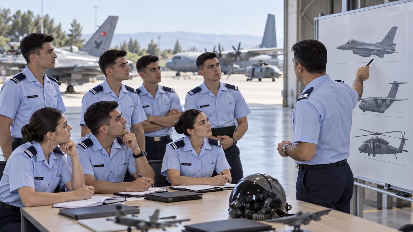Hangar ortamında görevli personelin brifingini dinleyen Harbiyeliler; panoda jet, nakliye uçağı ve helikopter görev alanlarını gösteren görseller yer alıyor