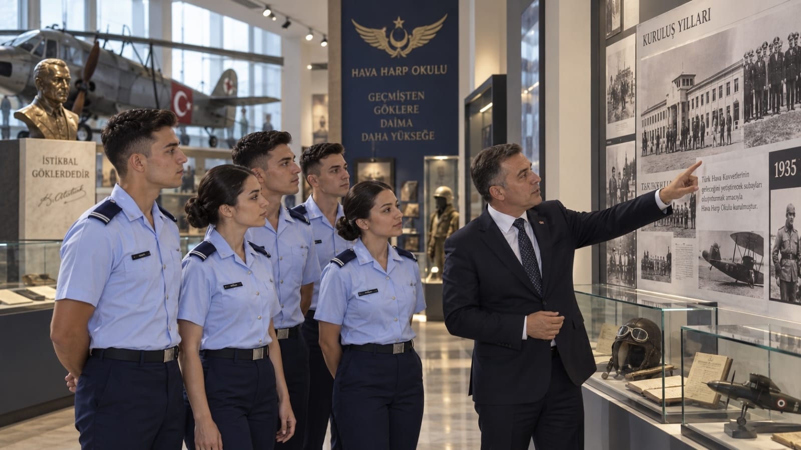 Hava Harp Okulunun tarihî gelişimini anlatan arşiv fotoğrafları ve havacılık eserlerini inceleyen kadın ve erkek Harbiyeliler