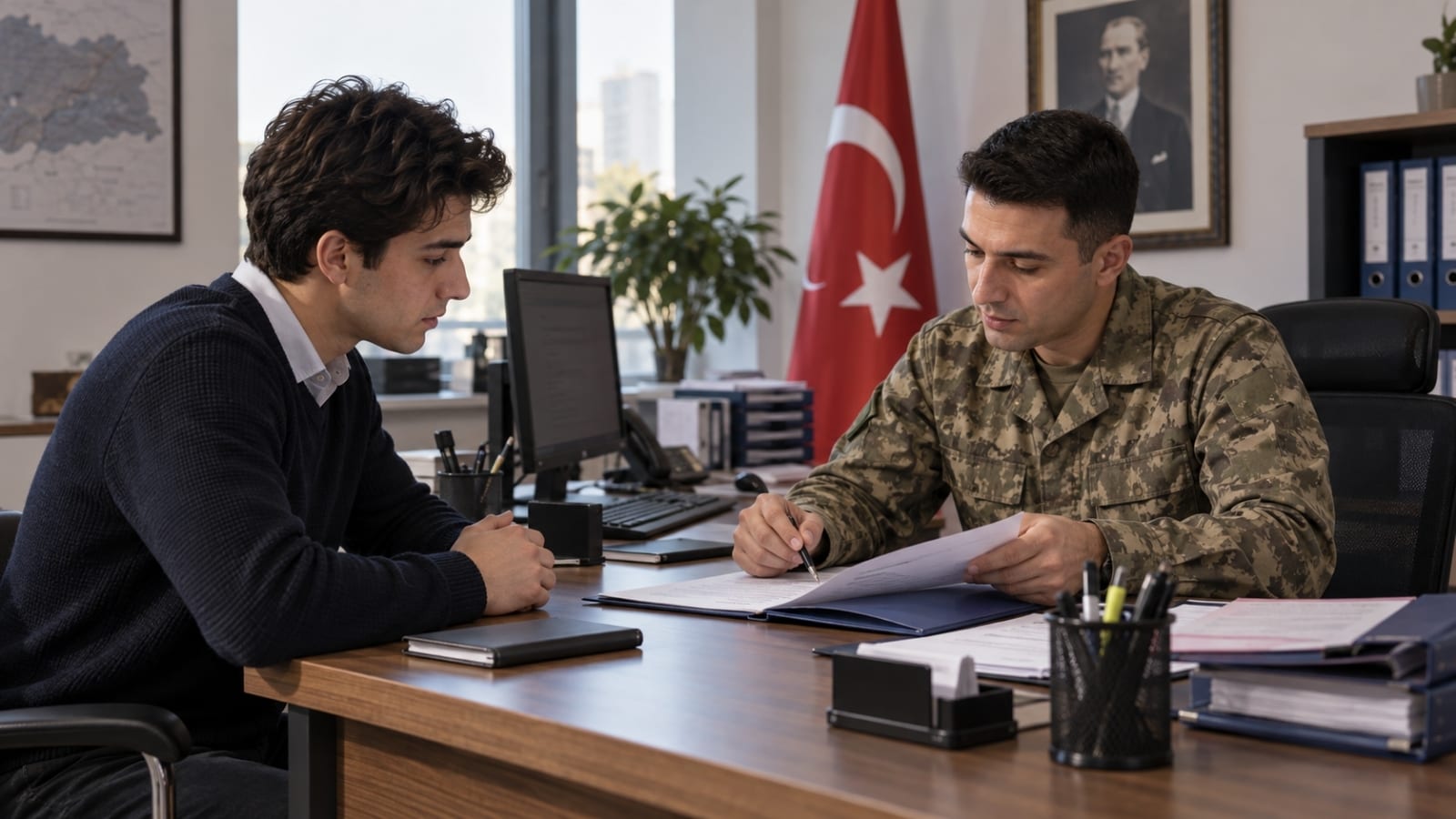 Mezuniyet sonrası askerlik zamanlamasını planlayan genç bir erkeğin takvim ve belge eşliğinde geleceğini değerlendirdiği masa başı sahnesi.