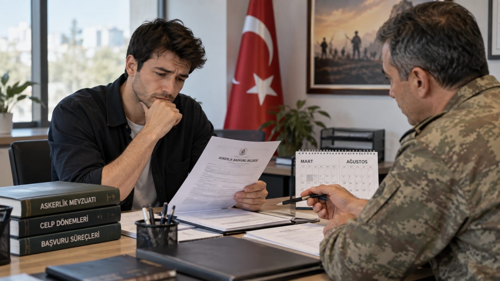 Ağustos celbine odaklanan askerlik planlamasını gösteren, belge ve takvim destekli çalışma sahnesi.