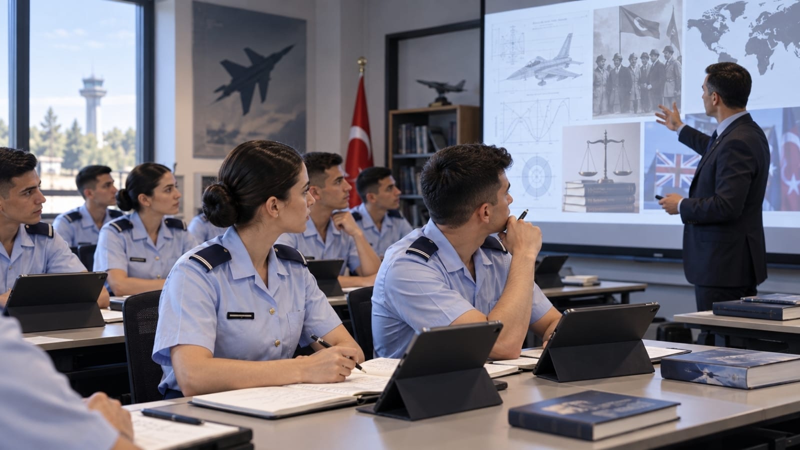 Sınıf ortamında sunumu dikkatle takip eden Harbiyeliler; teknik, askerî ve sosyal içerikli dersleri birlikte yansıtan akademik eğitim sahnesi