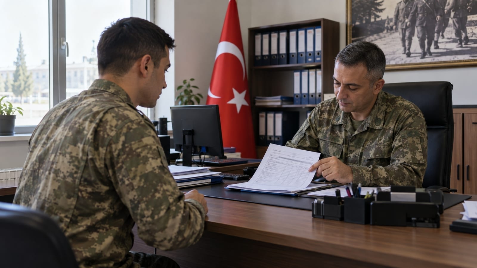 Askerî birlik içerisindeki personel ofisinde hizmet durum çizelgesi üzerinde işlem yapan askerî personel.