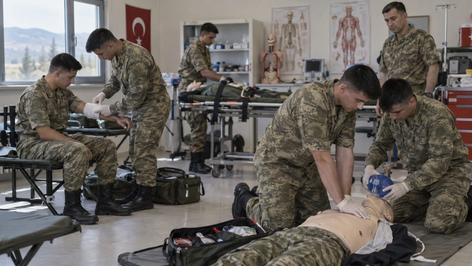 Yedek subaylıkta sağlık bölümlerinin rolünü anlatan sahnede, kamuflajlı askerler askerî sağlık eğitim alanında ilk yardım, CPR ve tıbbî müdahale uygulaması yapıyor.