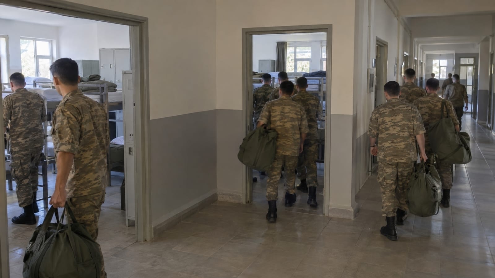 Birliğe katıldıktan sonra çantalarıyla farklı koğuşlara yönlendirilen rütbesiz bedelli askerler.